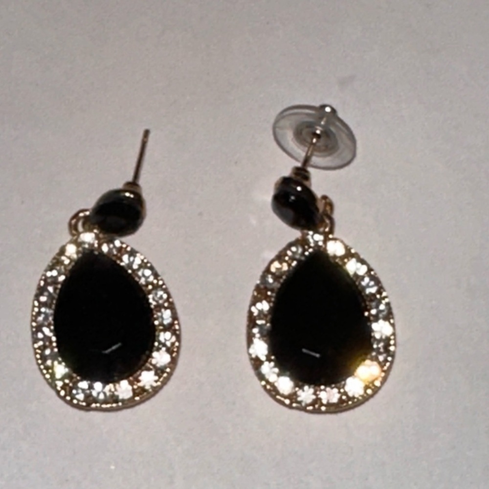 Teardrop Earrings. Black and Rhinestones. Pierced with gold setting 1.5”